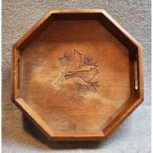 Vintage Wooden Octagon Serving Tray Cardinals Branch w/ Pinecones